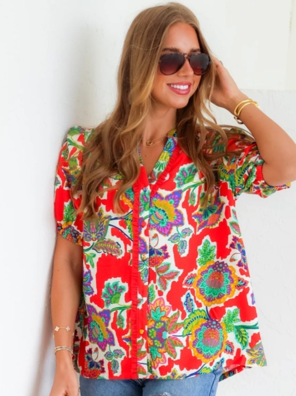 Umgee Red Floral Button-Down Blouse with Multicolor Print